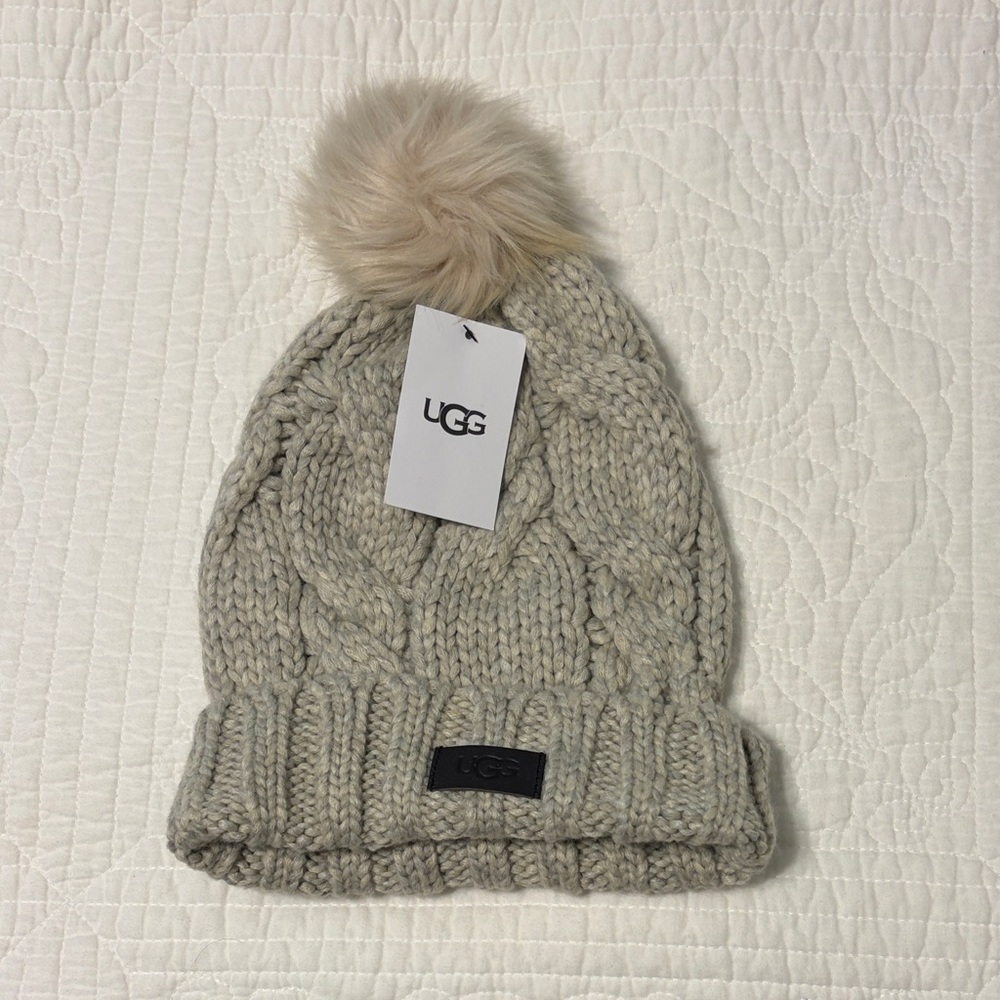 UGG Cream Cable Knit Beanie with Pom